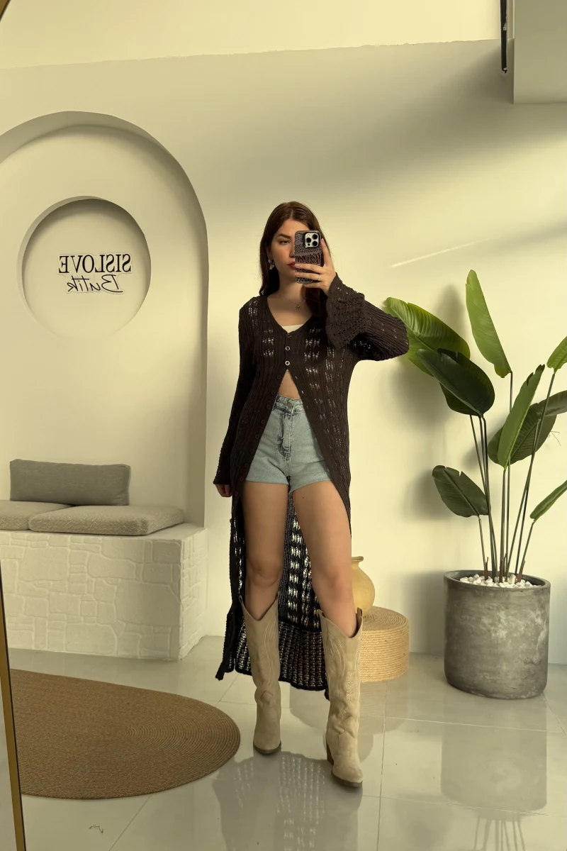 Uzun Triko Hırka Elbise Acı Kahve