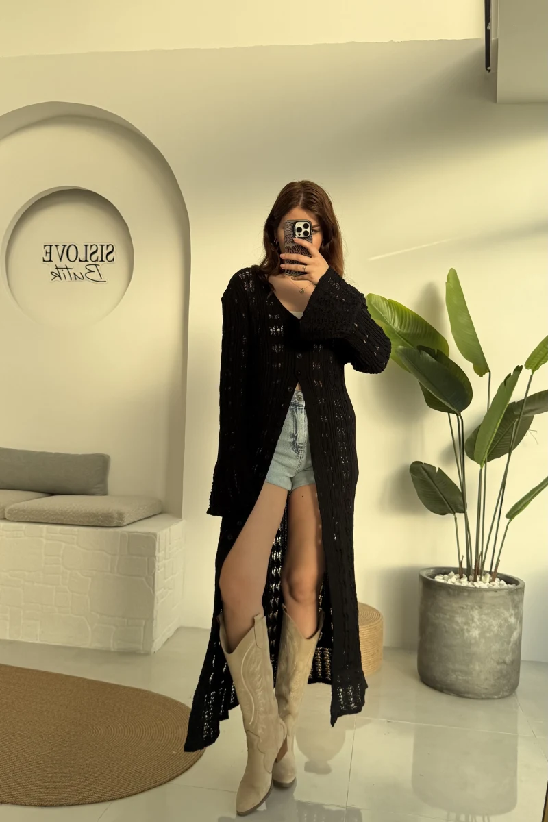 Uzun Triko Hırka Elbise Siyah