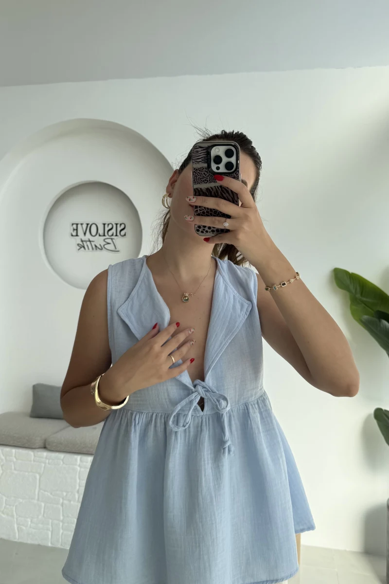 V Yaka Bağcıklı Bluz-1012- Bebe Mavisi