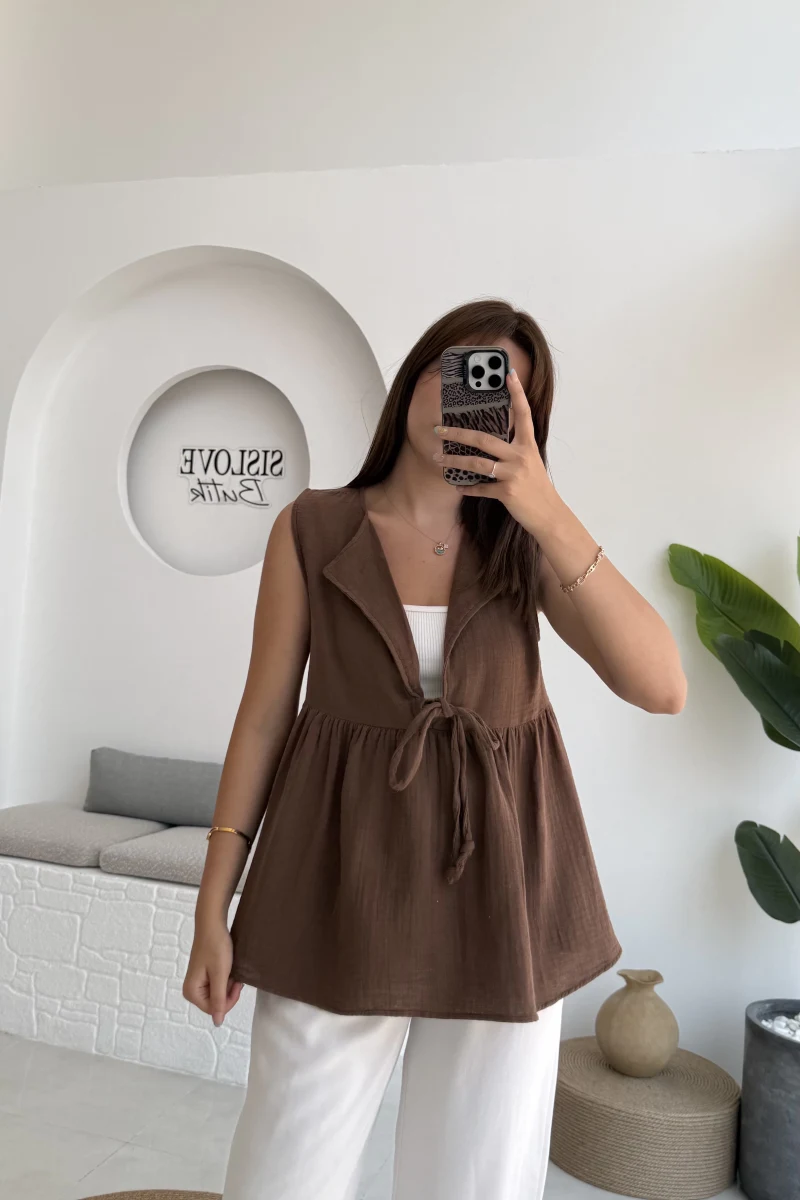 V Yaka Bağcıklı Bluz-1012-Kahverengi