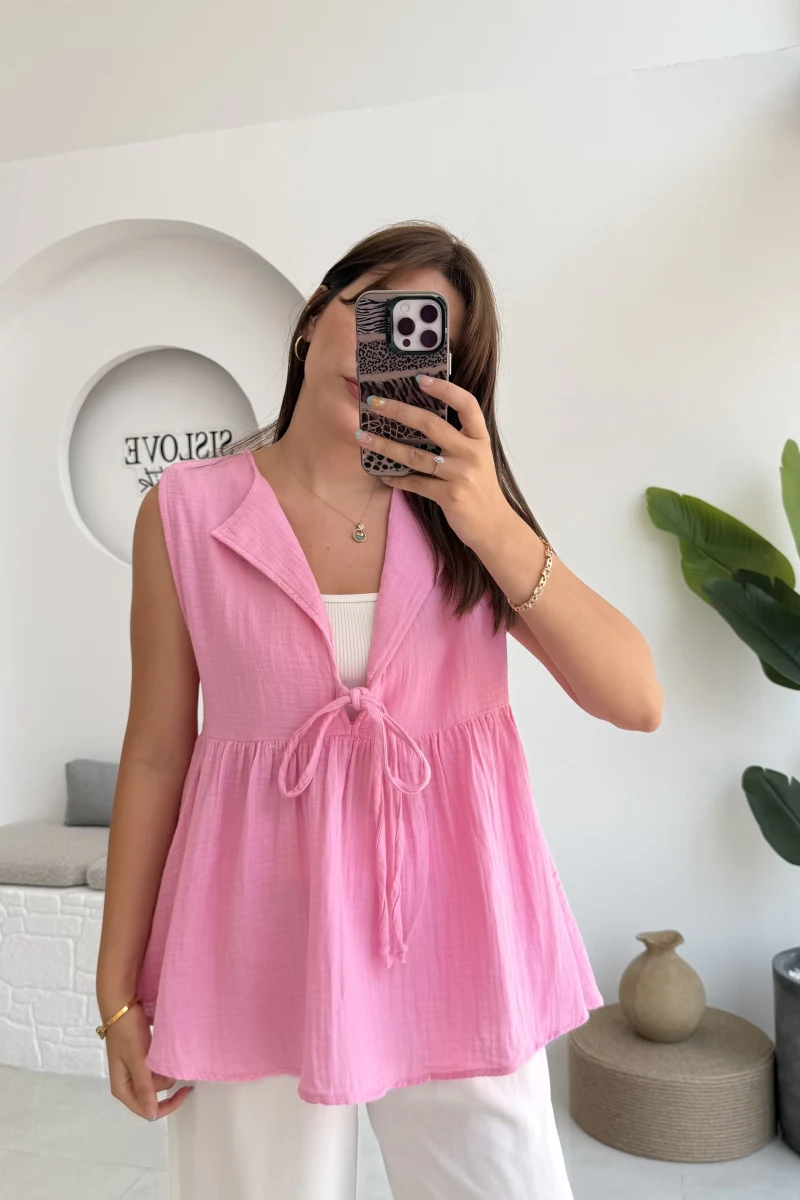 V Yaka Bağcıklı Bluz-1012-Şeker Pembesi