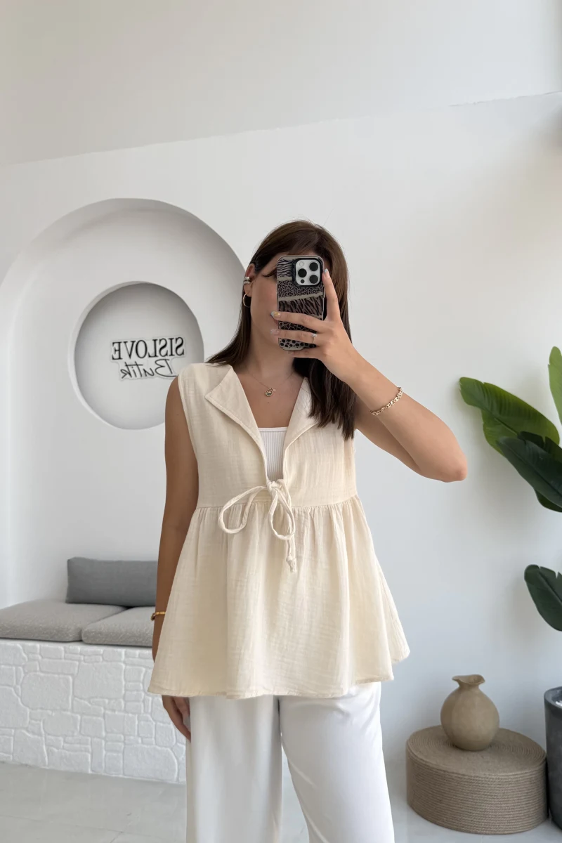 V Yaka Bağcıklı Bluz-1012-Taş