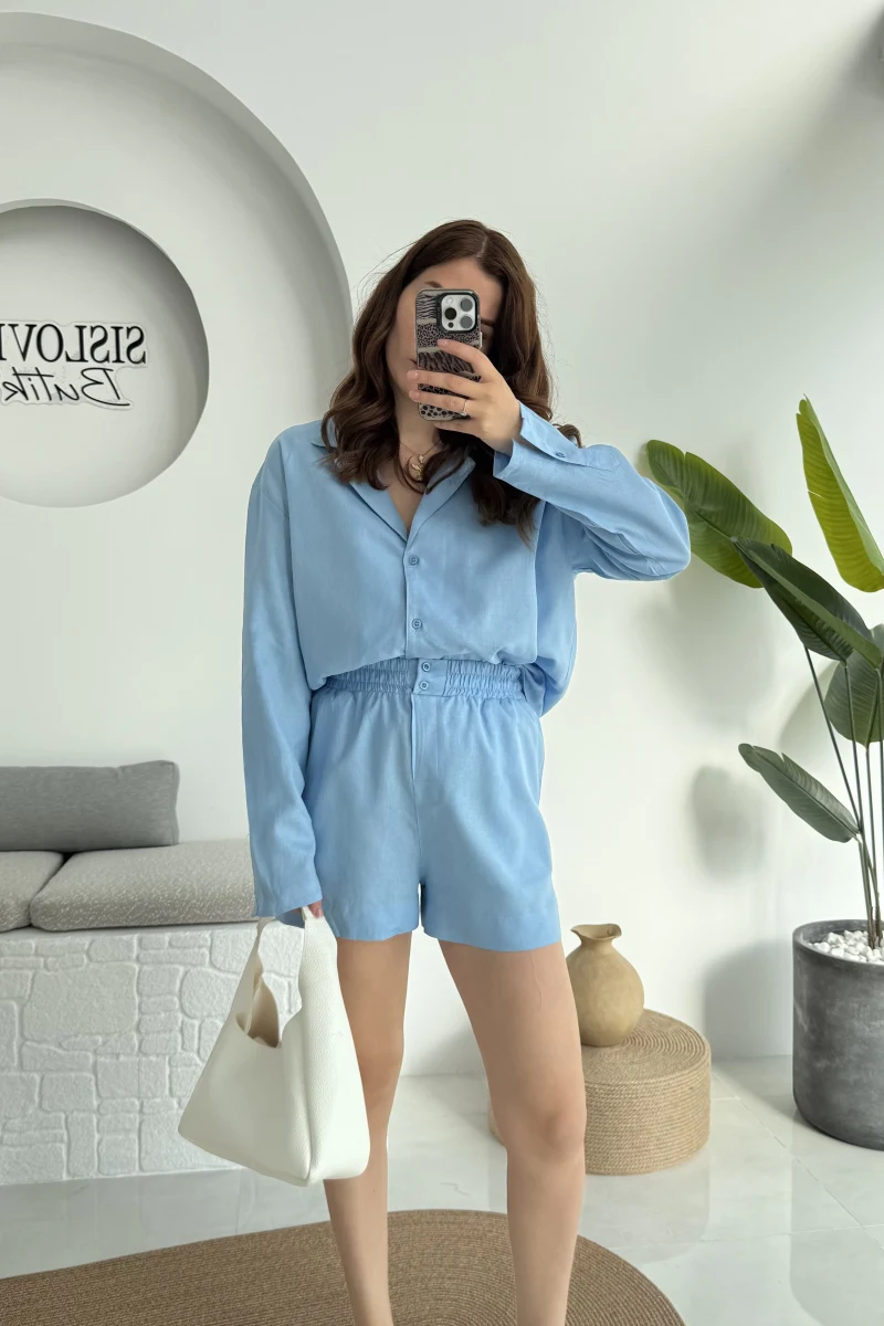 V Yaka Keten Şort Gömlek Takım Mavi
