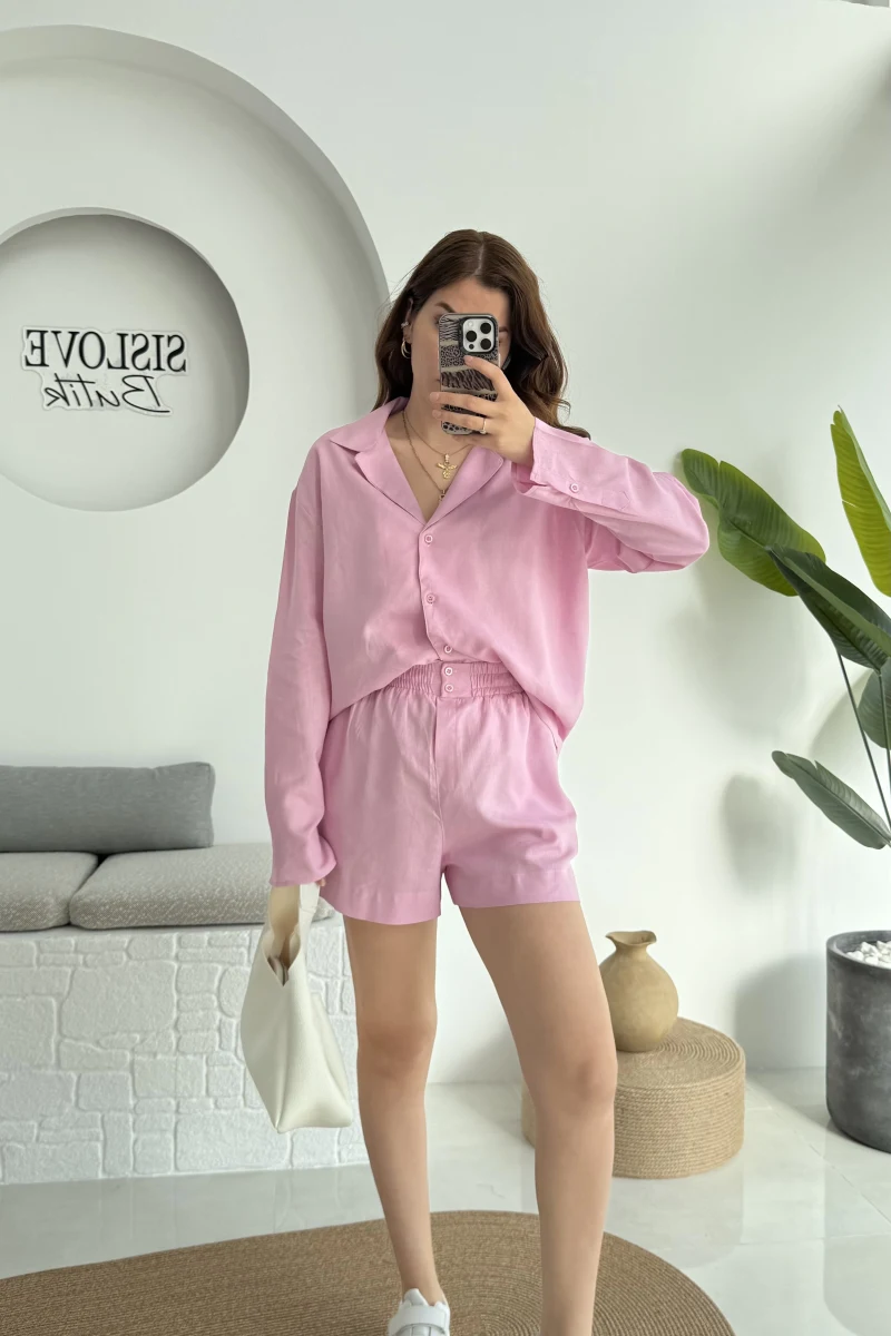 V Yaka Keten Şort Gömlek Takım Pembe