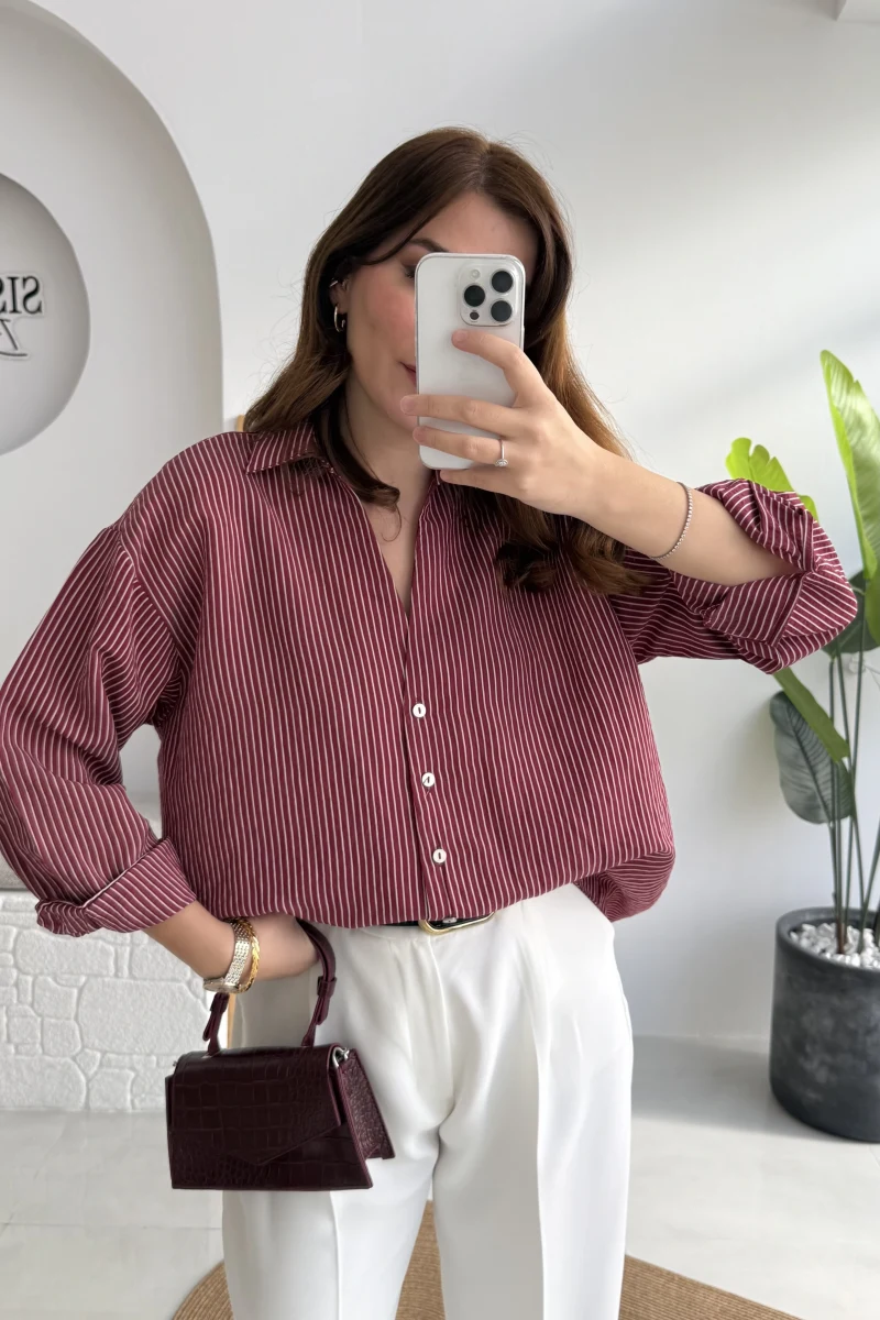V Yaka Oversize Çizgili Gömlek - Bordo - Kod: 4906