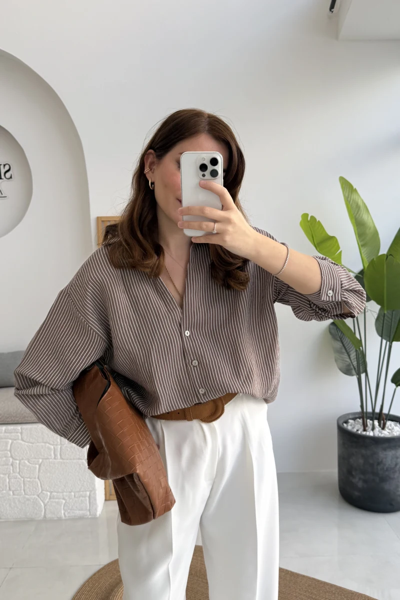 V Yaka Oversize Çizgili Gömlek - Kahve - Kod: 4906