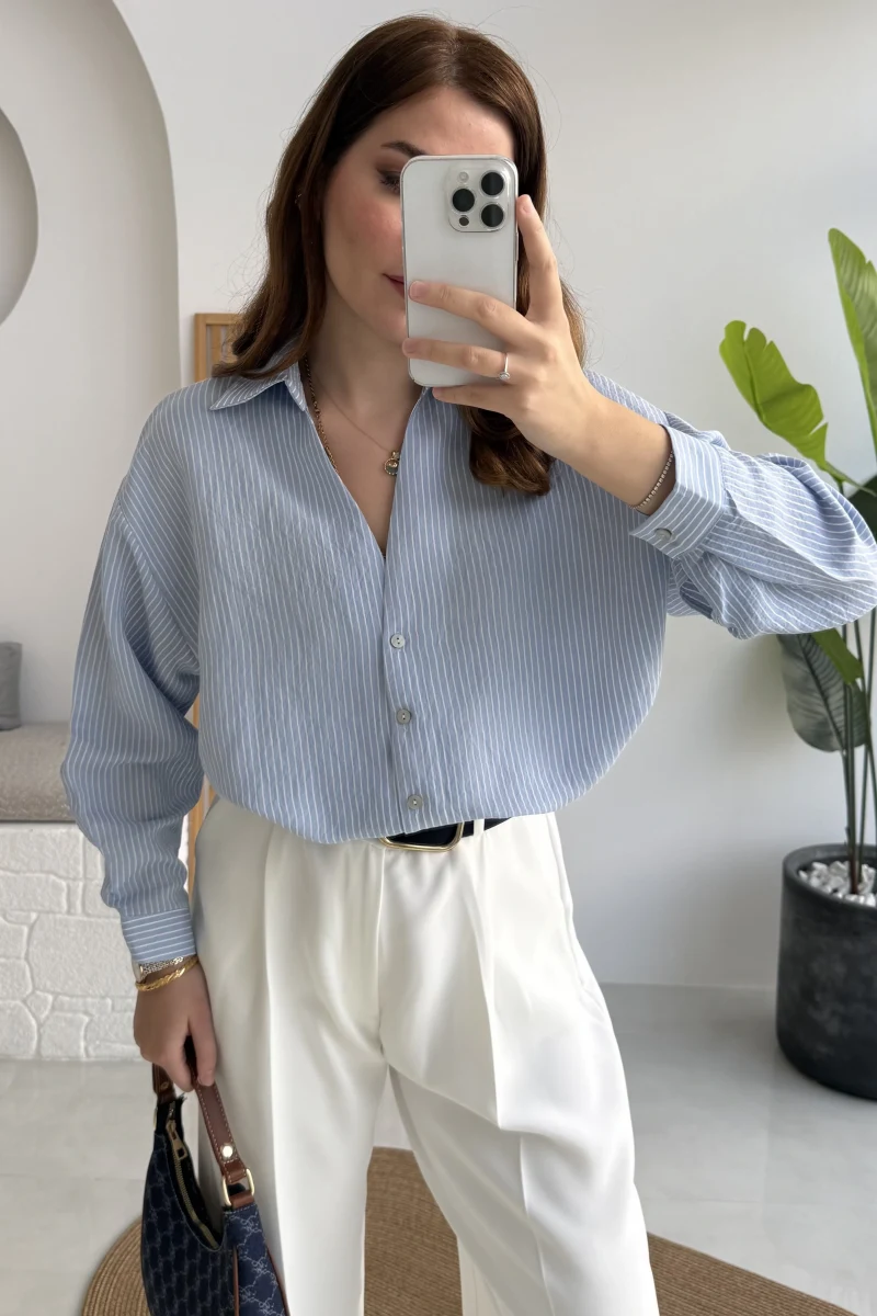 V Yaka Oversize Çizgili Gömlek - Mavi - Kod: 4906