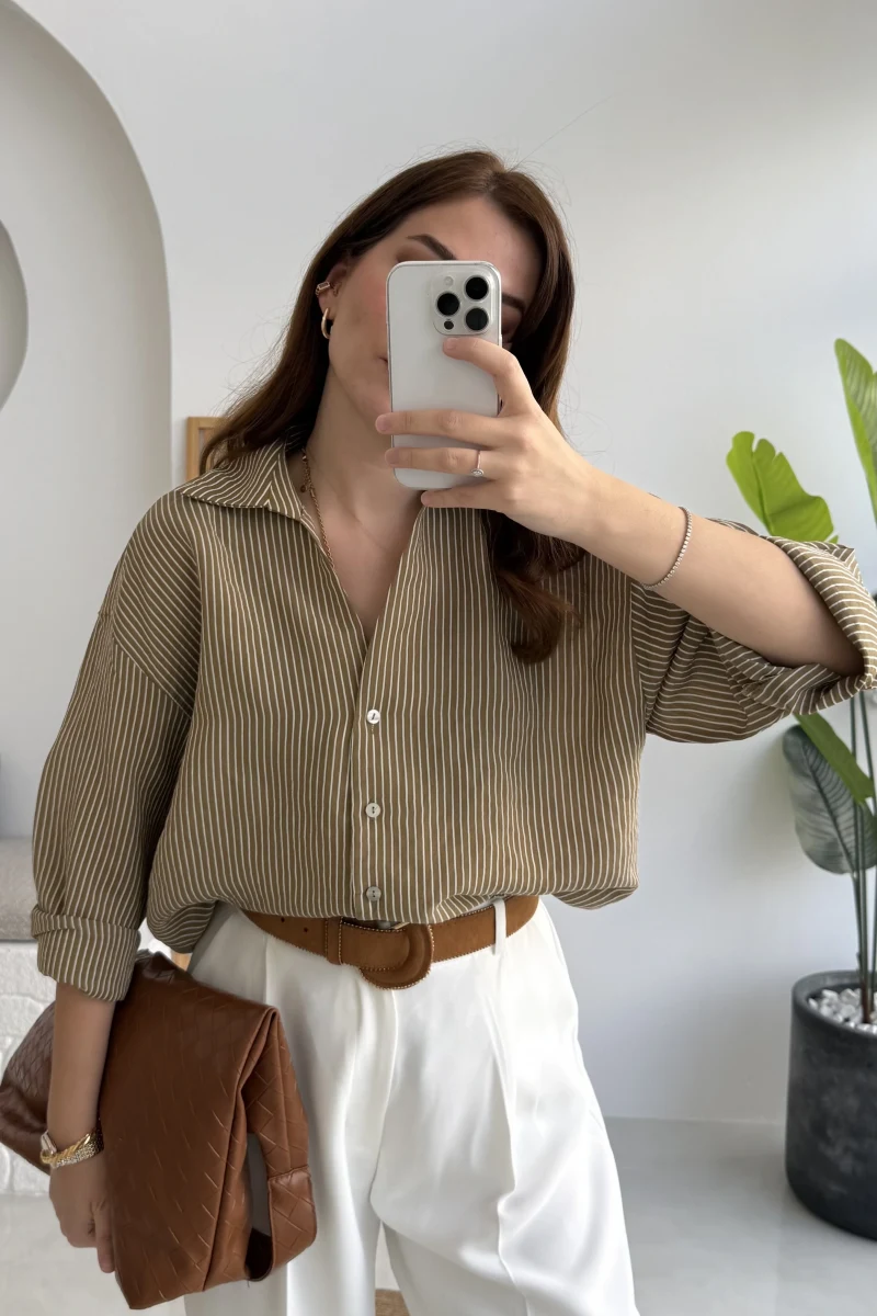 V Yaka Oversize Çizgili Gömlek - Olive - Kod: 4906