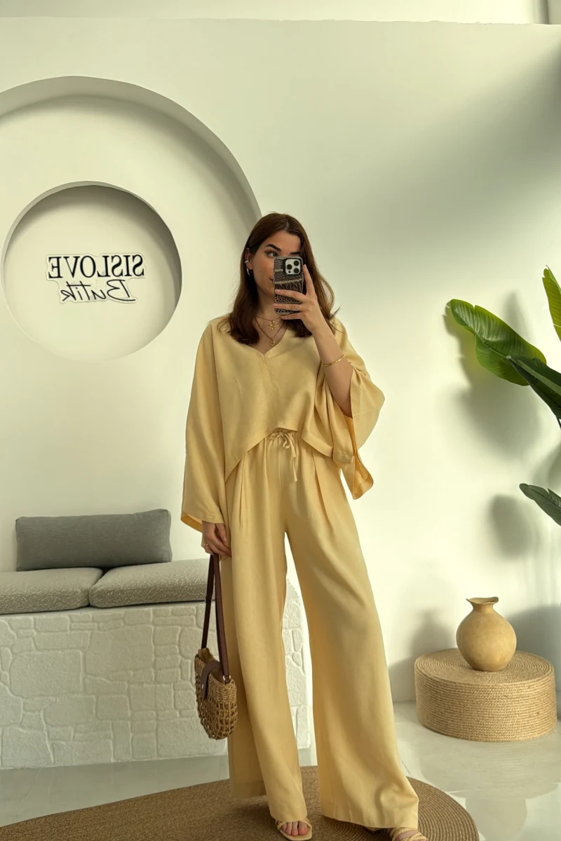 V Yaka Yarasa Kol Keten Takım Kavun Rengi