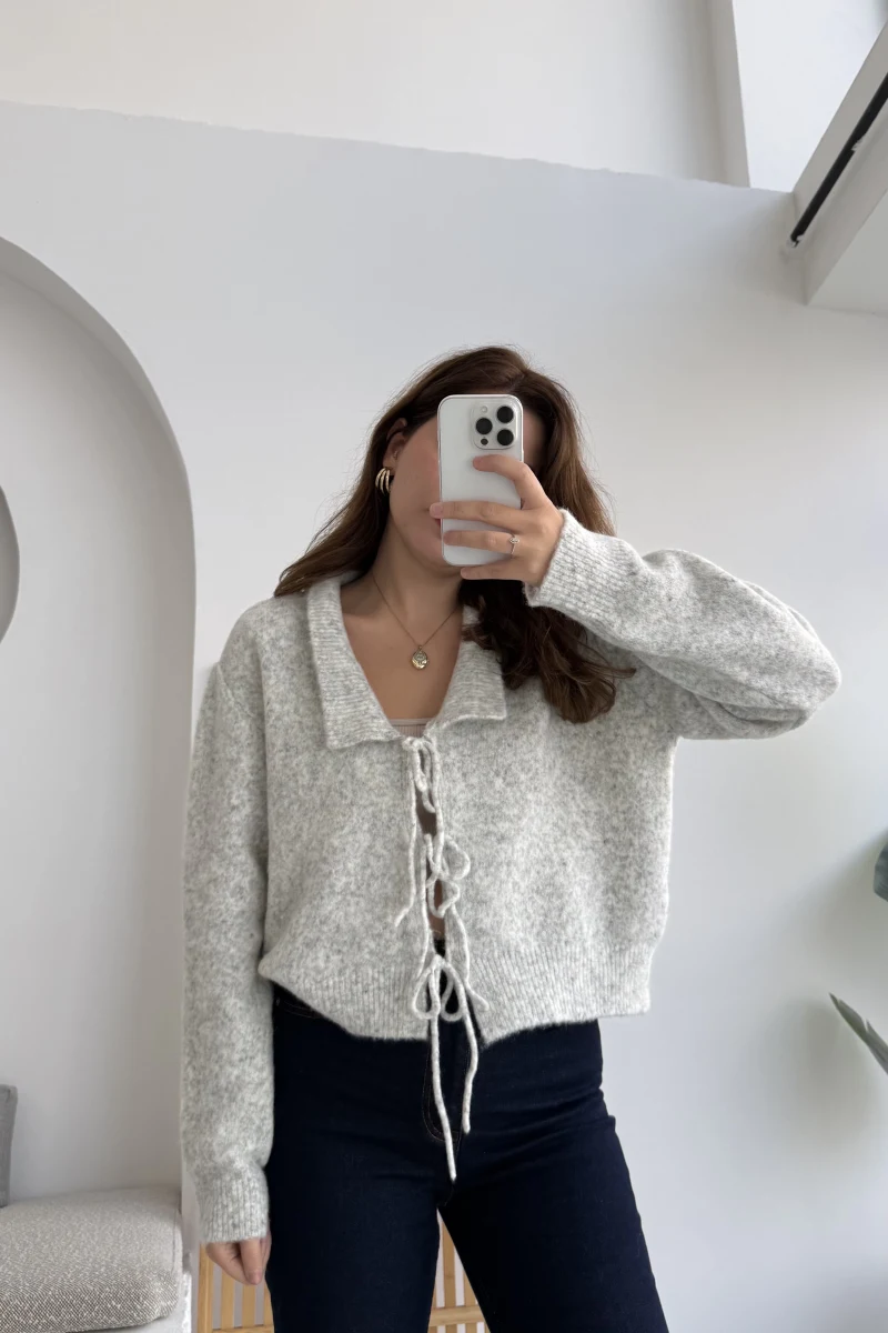 Vale Önden Bağlamalı Hırka Açık Gri Kod: 9061