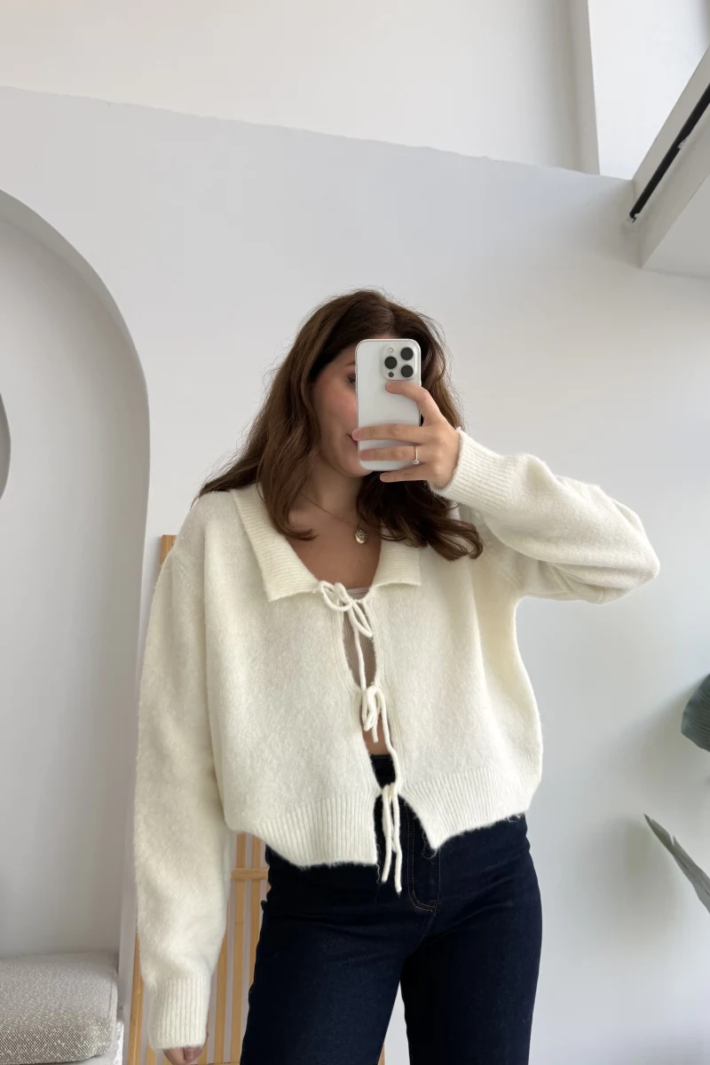 Vale Önden Bağlamalı Hırka Ekru Kod: 9061