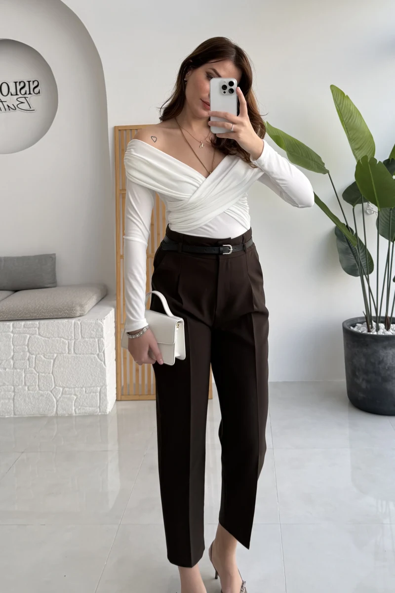 Valentina Dar Paça Kemerli Pantolon - Acı Kahve - Kod: 3790