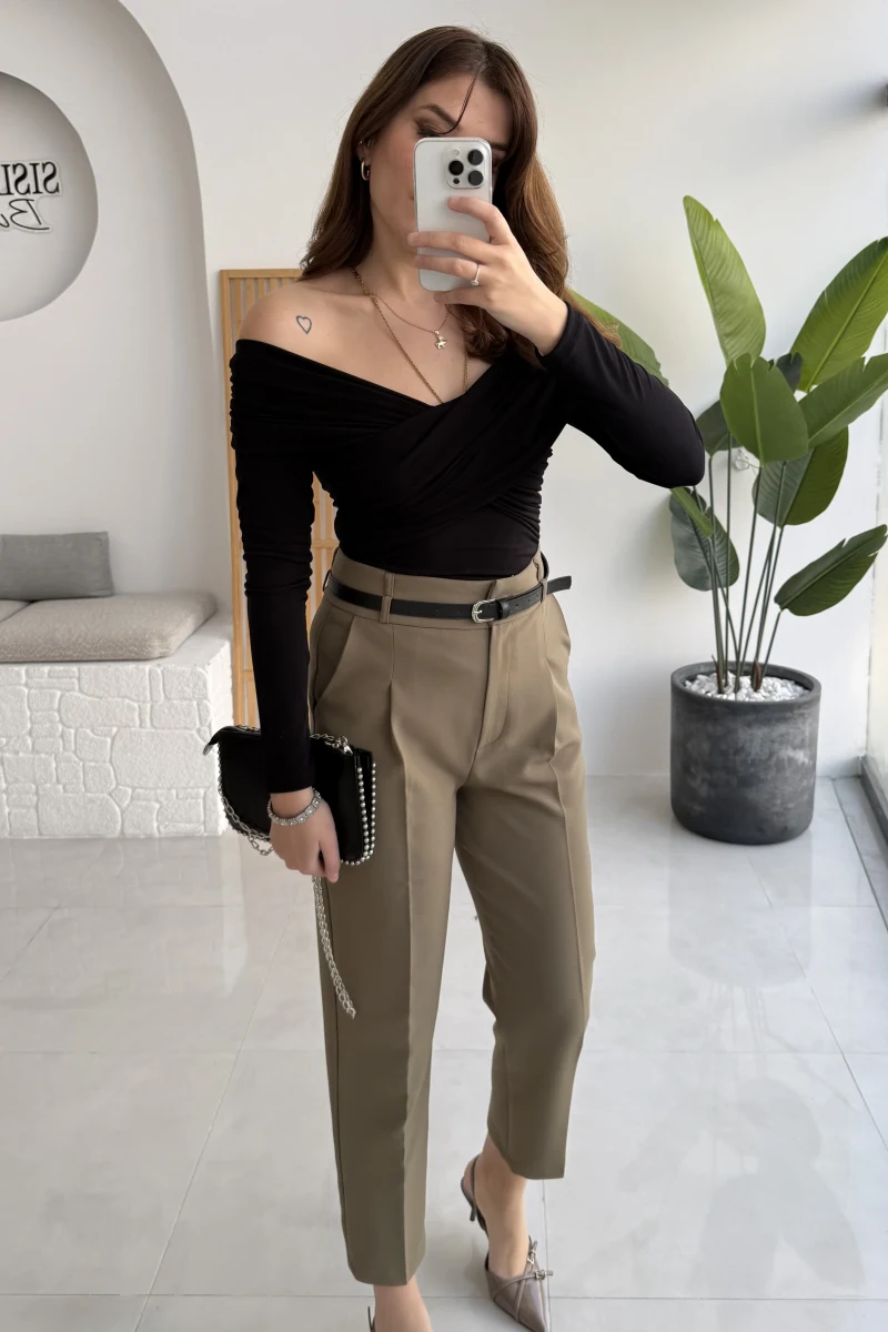 Valentina Dar Paça Kemerli Pantolon - Haki - Kod: 3790