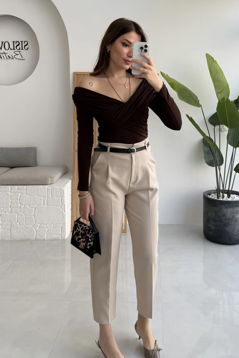 Valentina Dar Paça Kemerli Pantolon - Taş - Kod: 3790