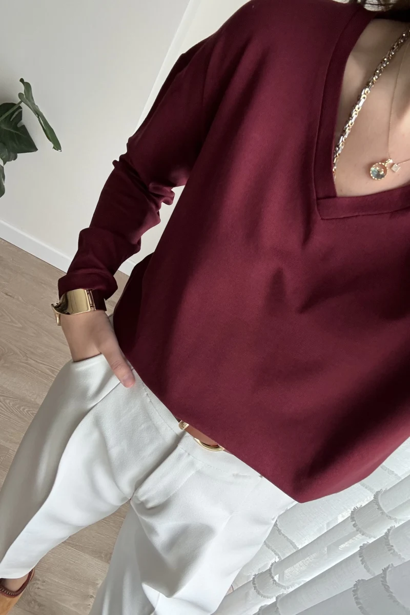 Valerie V Yaka Esnek Likralı Bluz Bordo