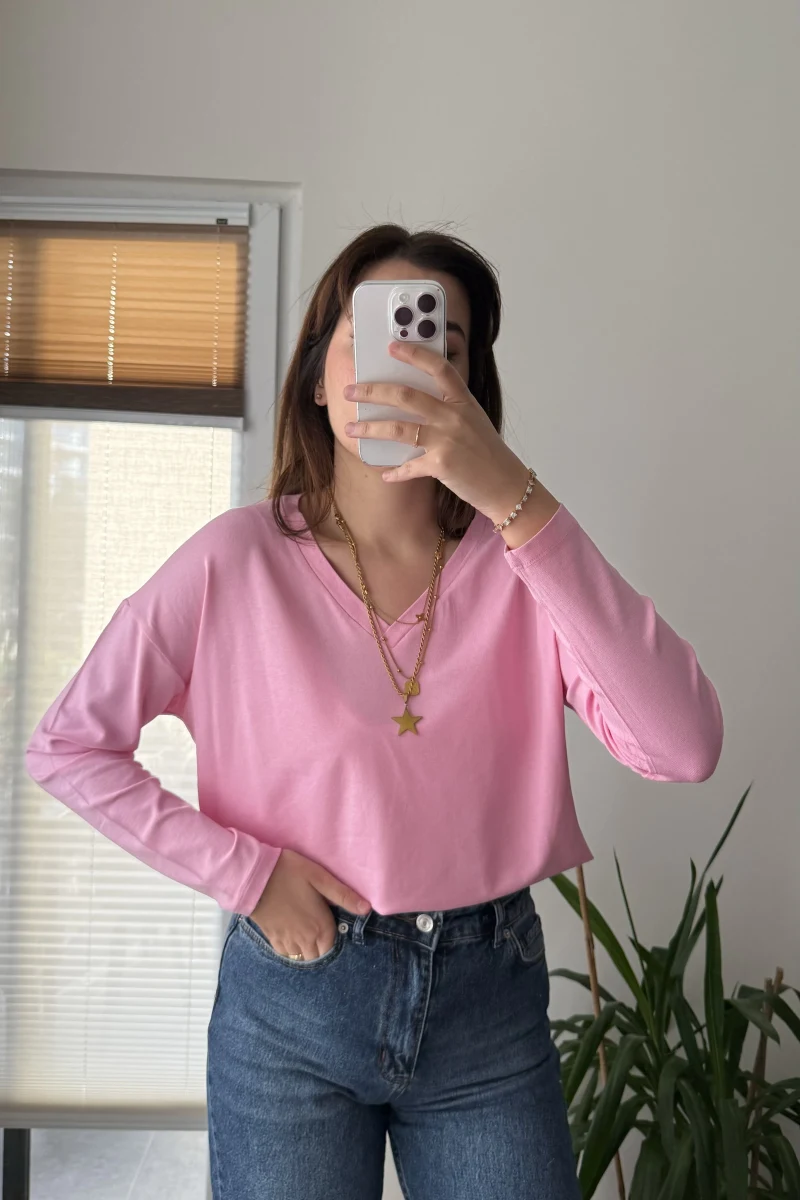 Valerie V Yaka Esnek Likralı Bluz Pembe