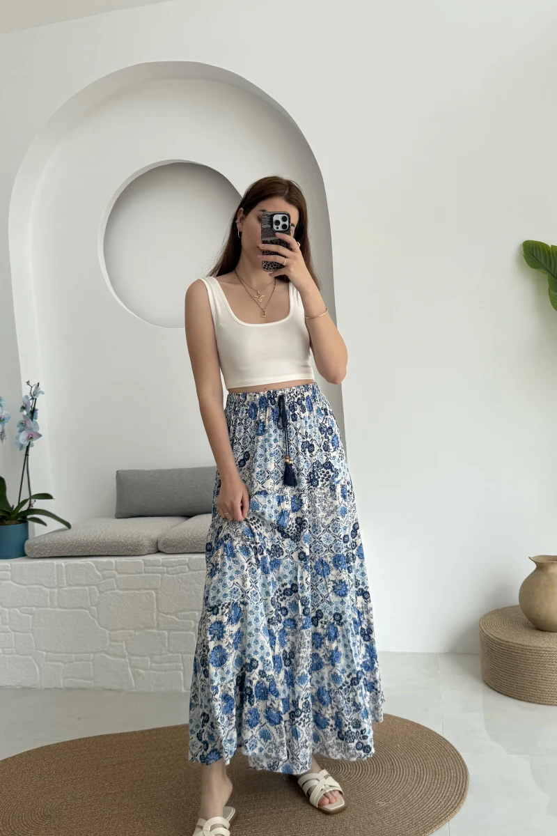 Varnata Çiçekli Etek Mavi