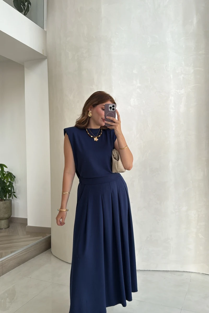 Vatkalı Etekli Bluz Takım - Lacivert - Kod: 4125