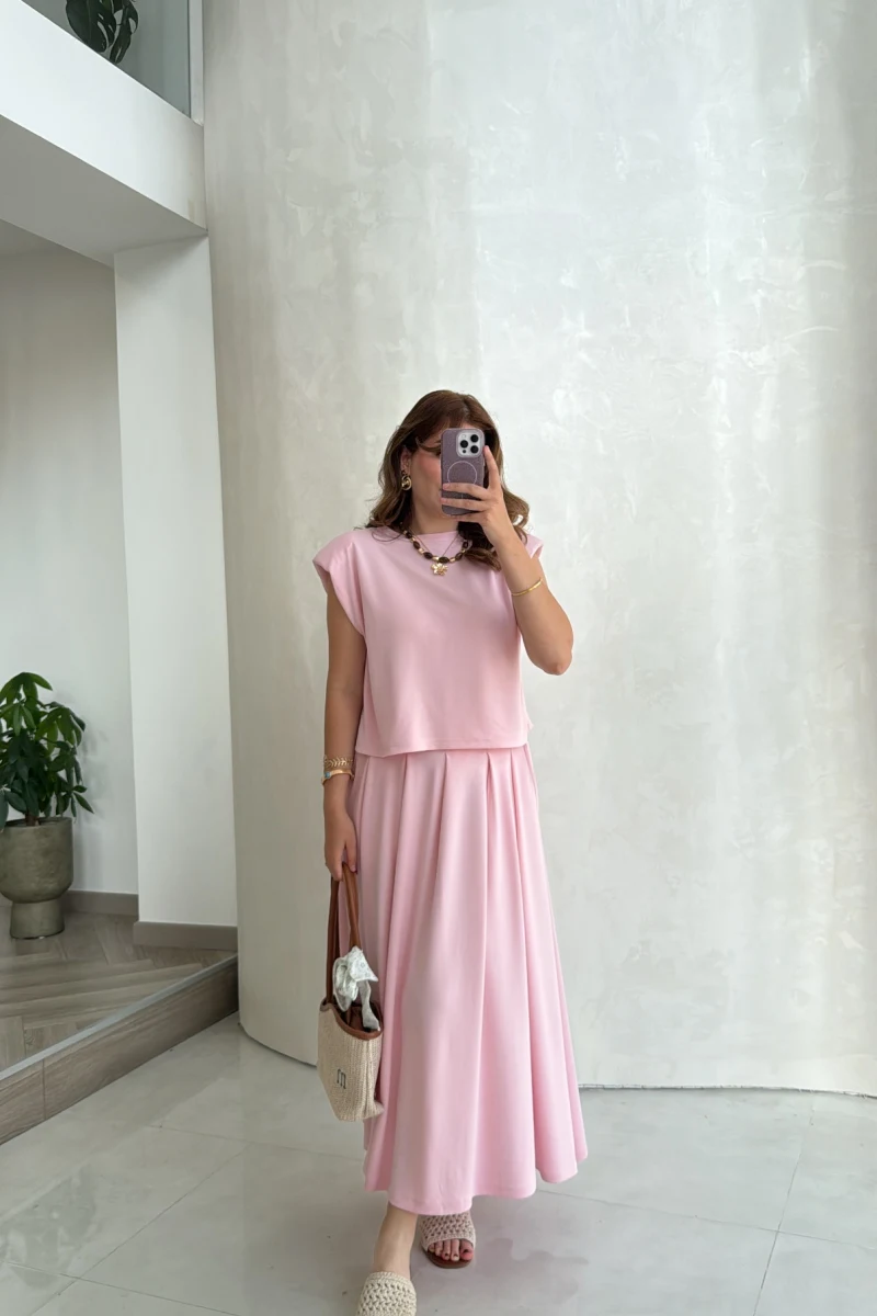 Vatkalı Etekli Bluz Takım - Pembe - Kod: 4125