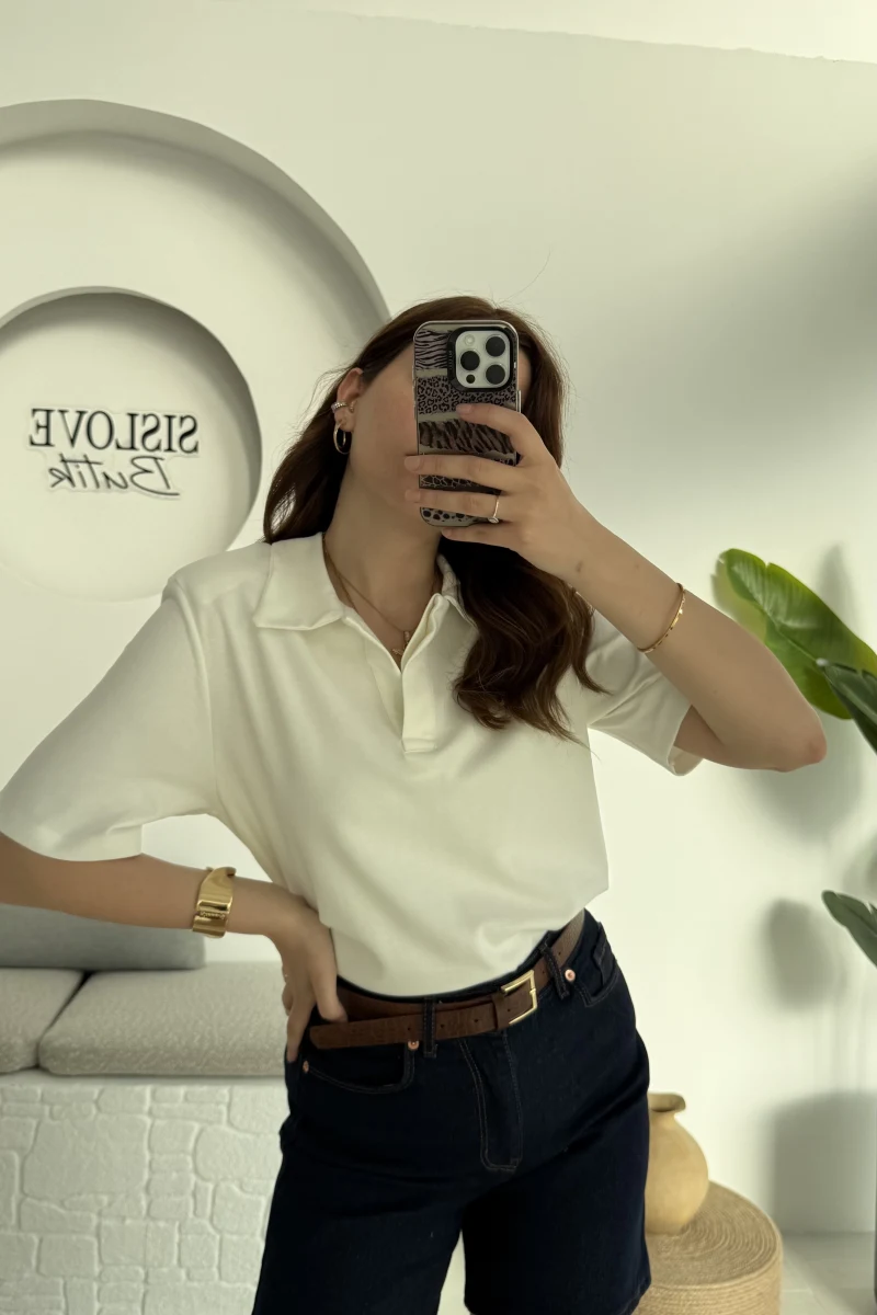 Vatkalı Polo Yaka T-shirt Beyaz