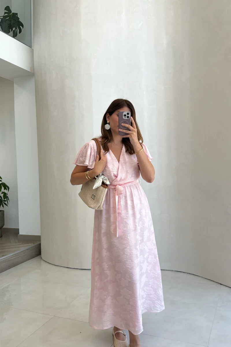 Velina Kruvaze Yaka Kuşaklı Elbise - Pembe - Kod: 3113