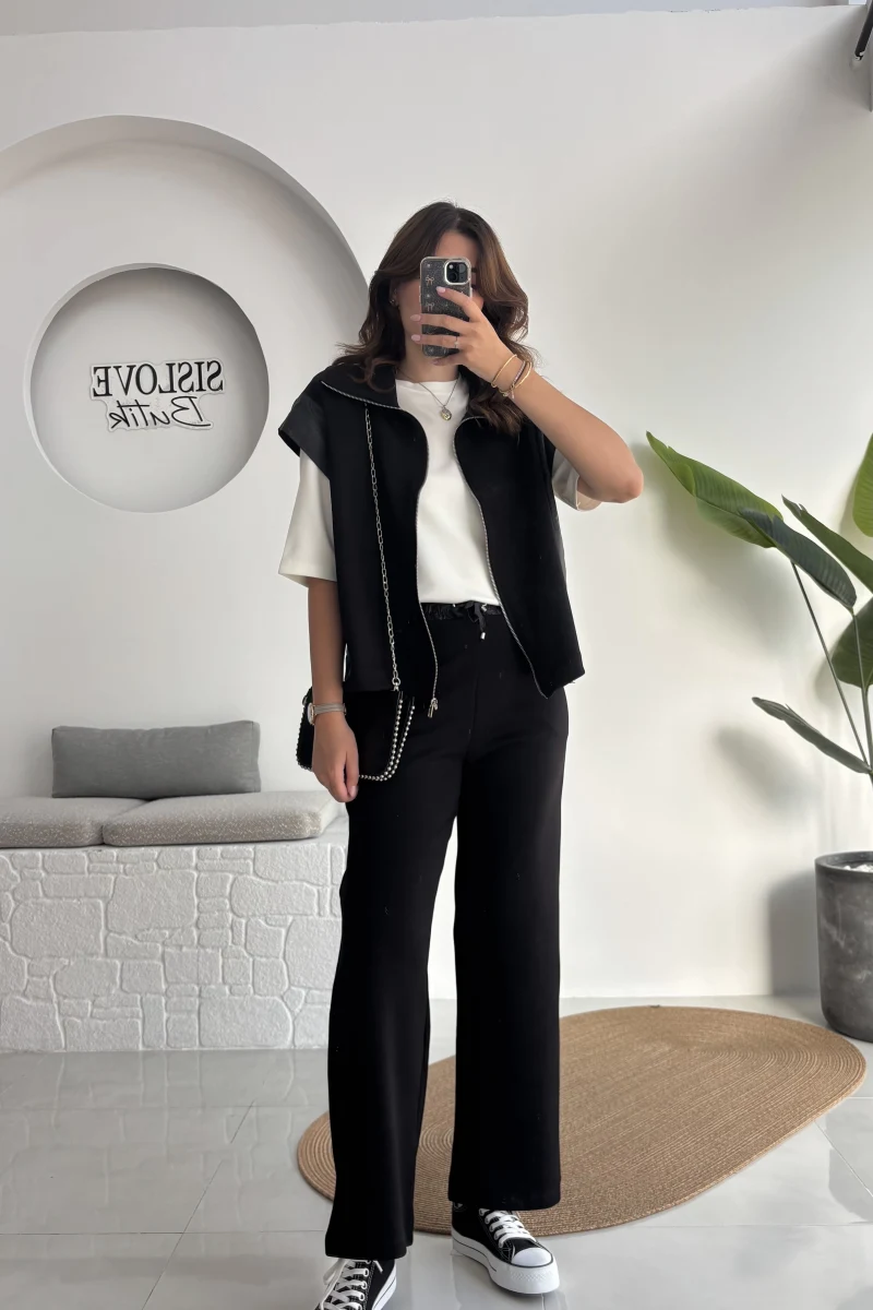 Vella Deri Görünümlü Eşofman Takımı - Siyah