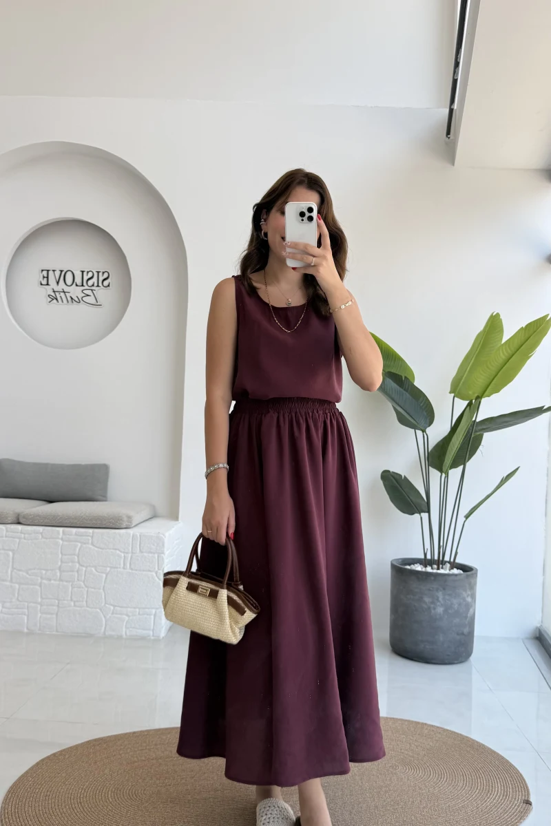 Velma Kalın Askılı Bluz Midi Etek Takım - Bordo