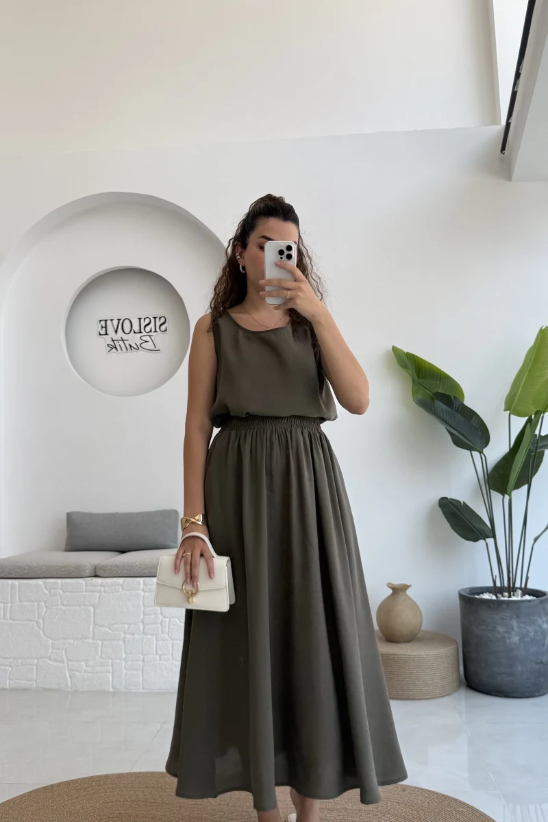 Velma Kalın Askılı Bluz Midi Etek Takım - Haki