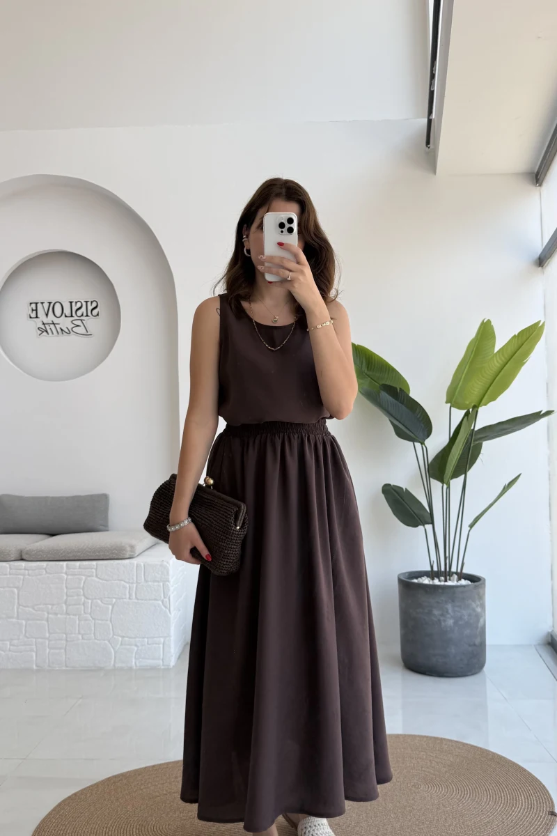 Velma Kalın Askılı Bluz Midi Etek Takım - Kahve