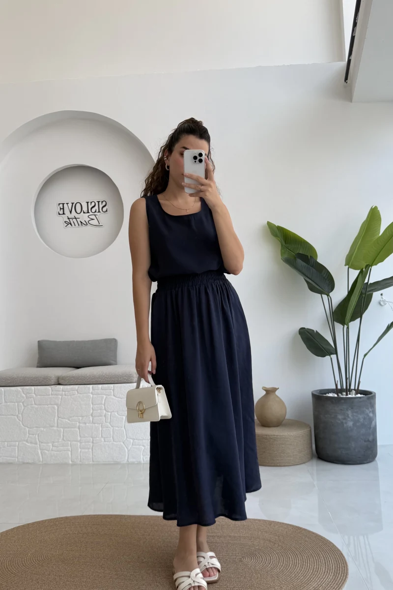Velma Kalın Askılı Bluz Midi Etek Takım - Lacivert