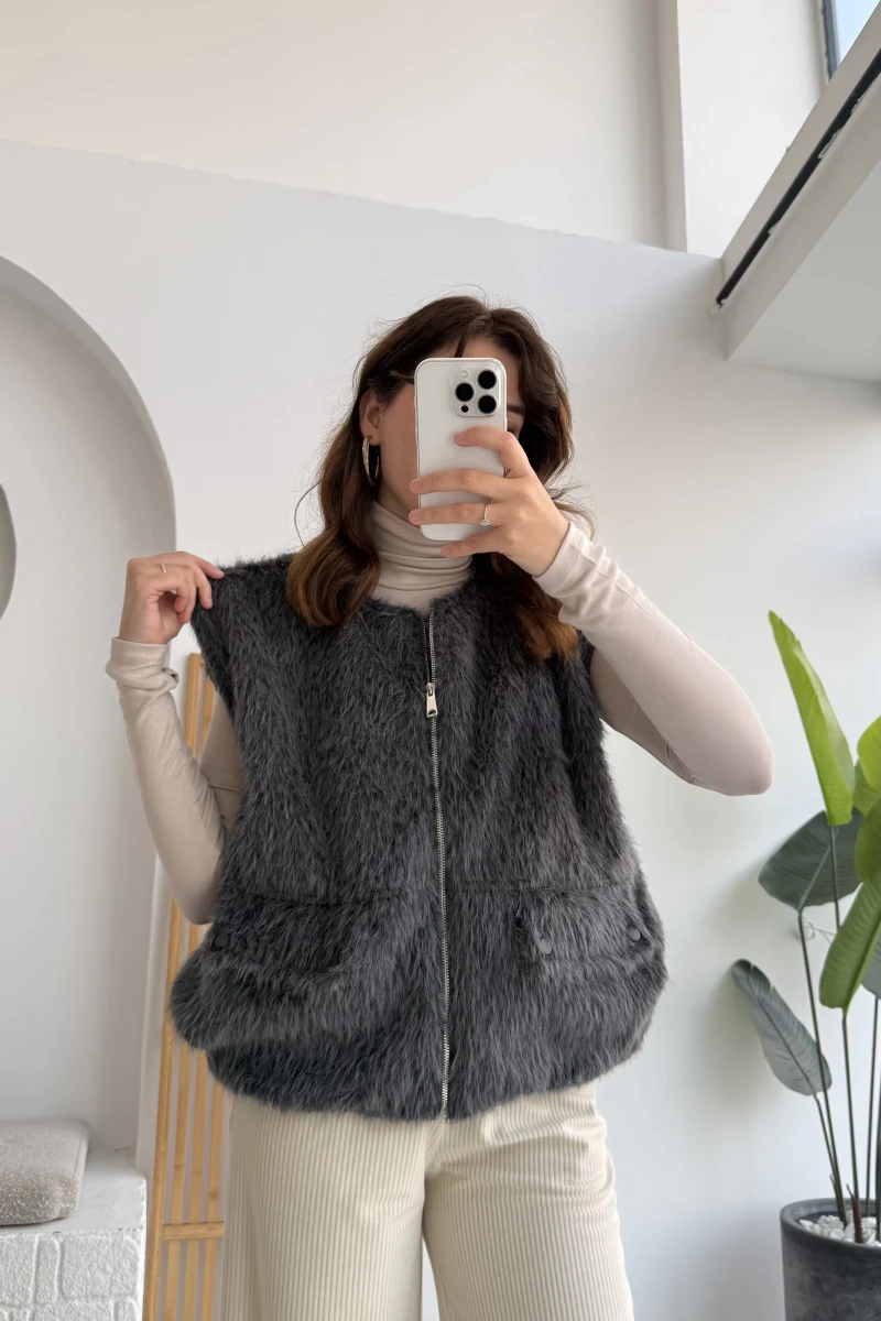 Veloura Kısa Tüylü Yelek - Antrasit - KOD:8016