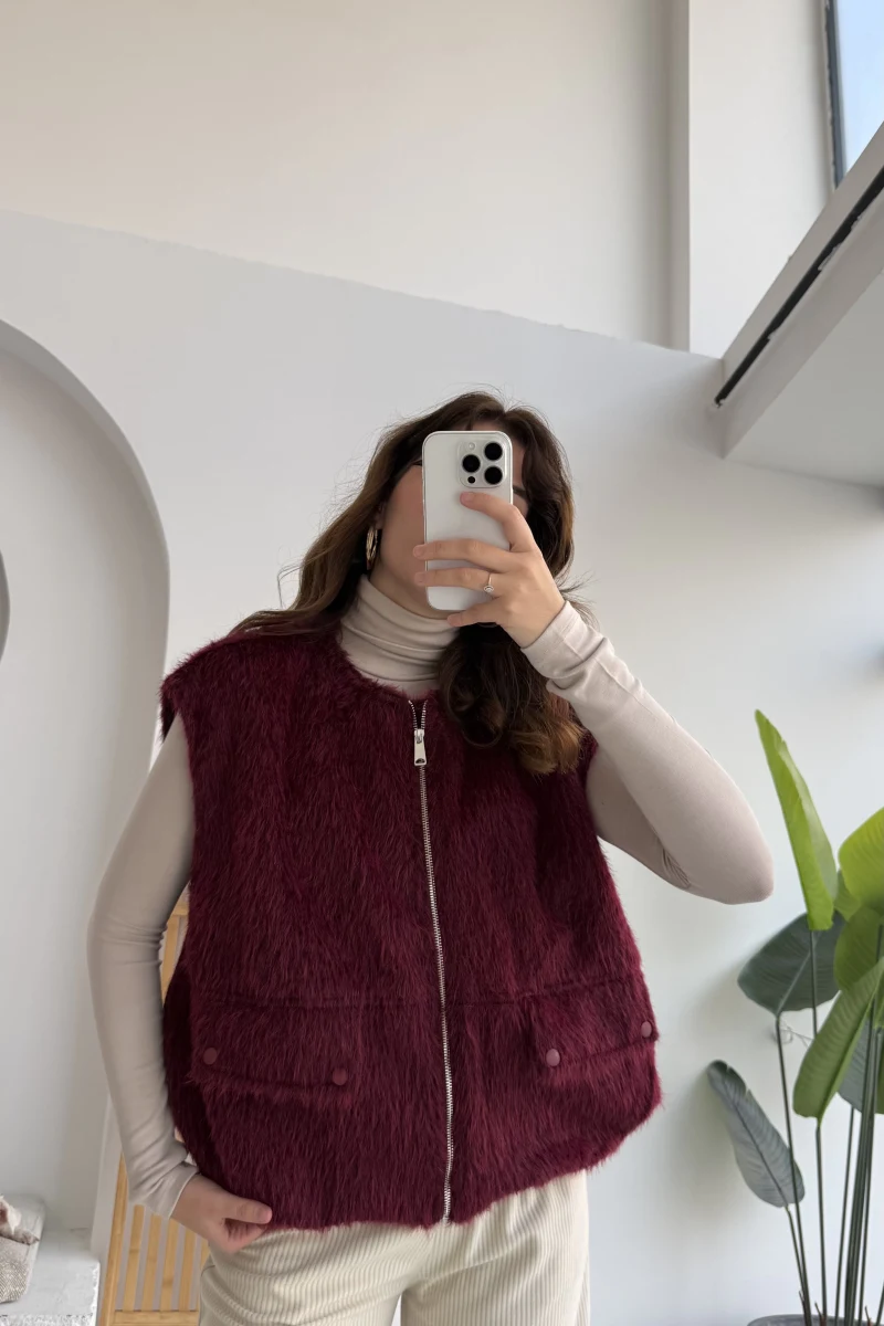 Veloura Kısa Tüylü Yelek - Bordo - KOD:8016