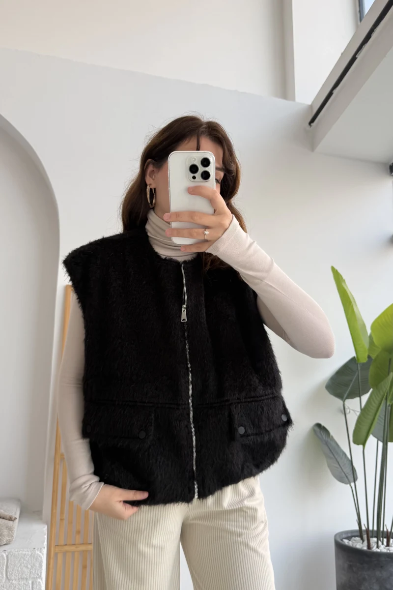 Veloura Kısa Tüylü Yelek - Siyah - KOD:8016