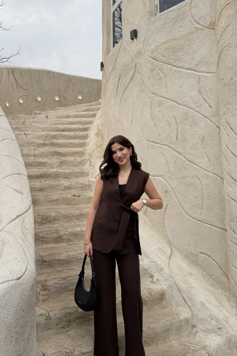 Verona Kuşaklı Yelek Takım - Acı Kahve - Kod: 8859