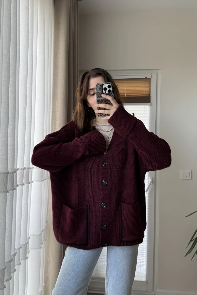 Vintage Düğmeli Cepli Hırka Bordo