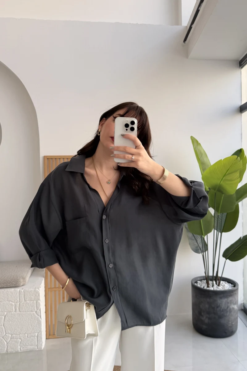 Vintage Serisi Oversize Tensel Gömlek - Antrasit - Kod: 4612