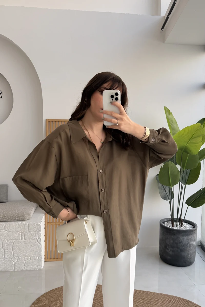 Vintage Serisi Oversize Tensel Gömlek - Haki - Kod: 4612