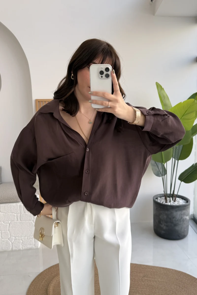 Vintage Serisi Oversize Tensel Gömlek - Kahve - Kod: 4612