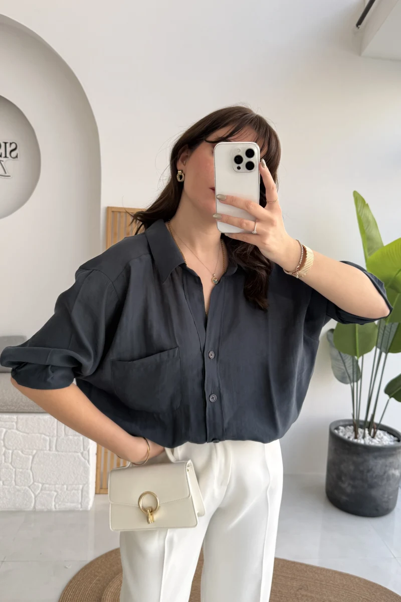 Vintage Serisi Oversize Tensel Gömlek - Lacivert - Kod: 4612