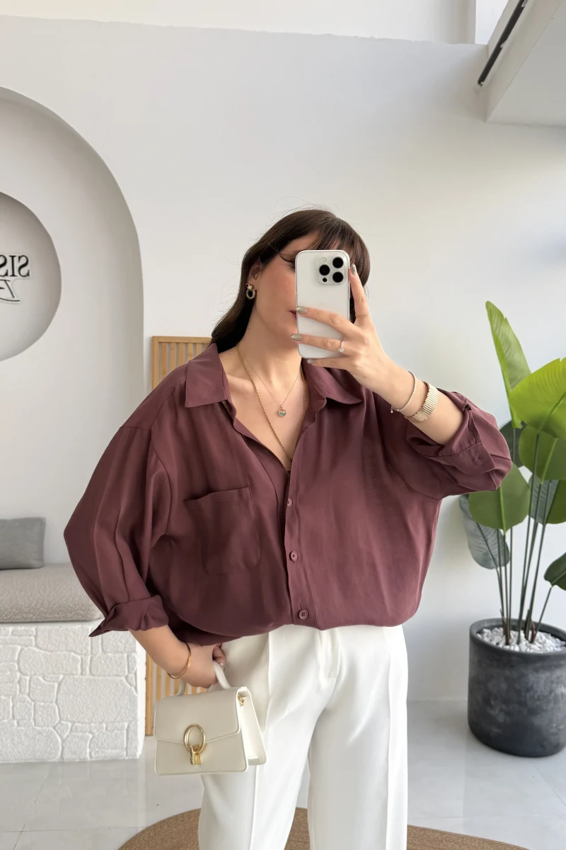 Vintage Serisi Oversize Tensel Gömlek - Mürdüm - Kod: 4612