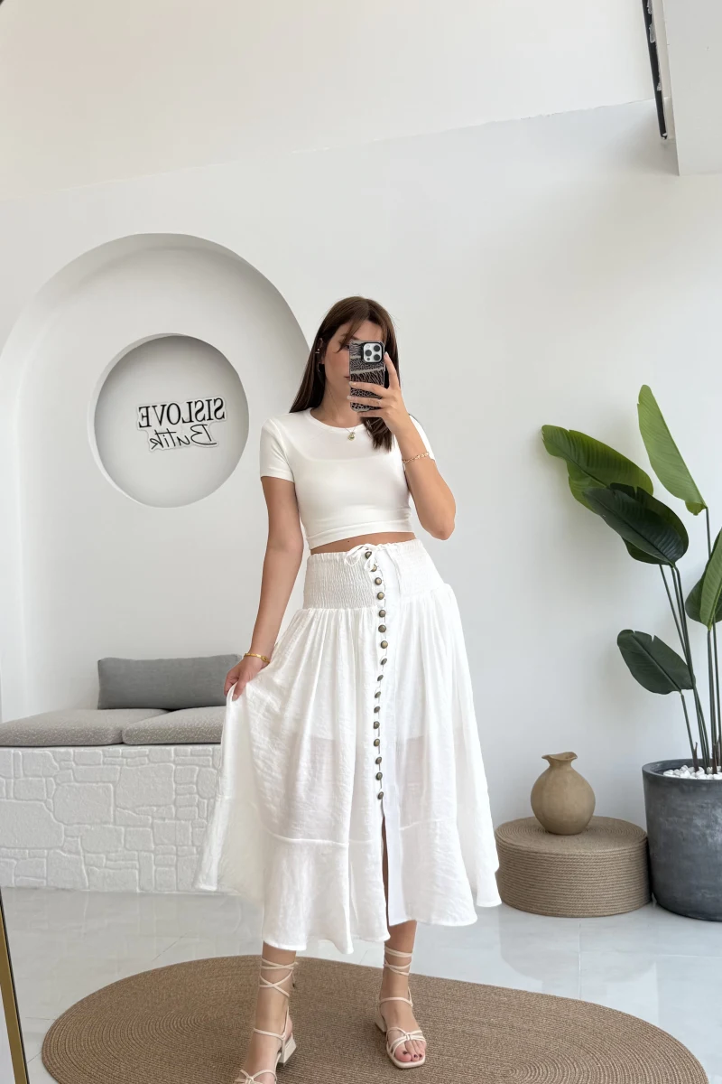 Volanlı Bürümcük Düğmeli Etek Beyaz