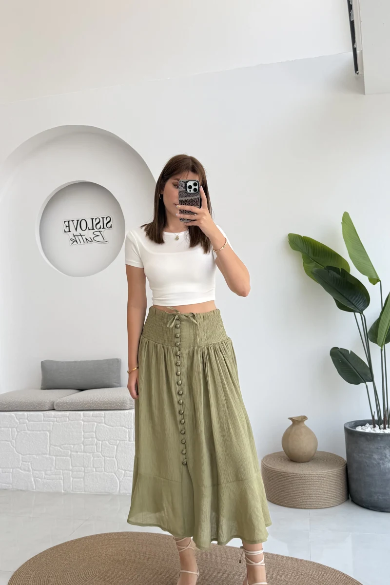 Volanlı Bürümcük Düğmeli Etek Haki