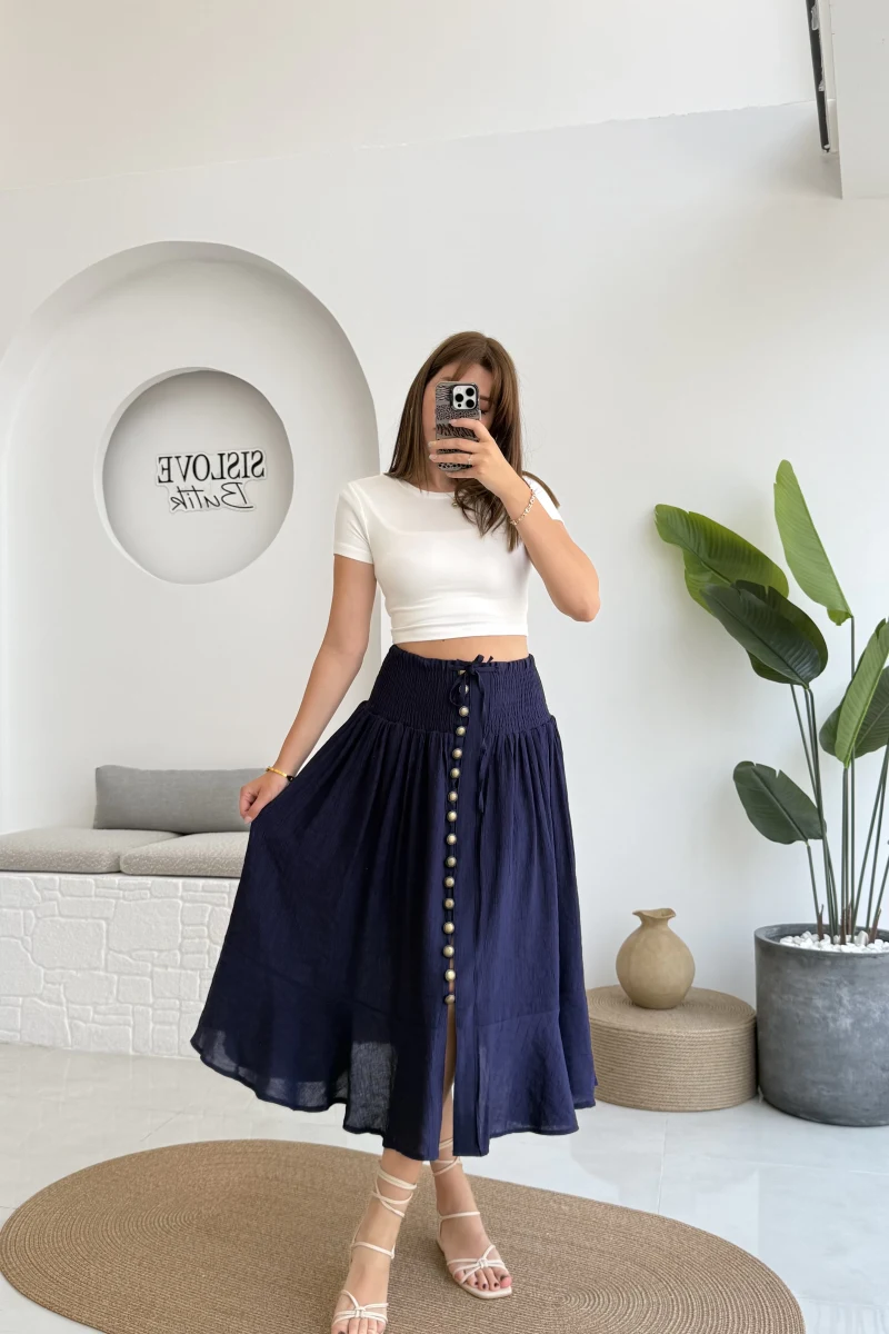 Volanlı Bürümcük Düğmeli Etek Lacivert