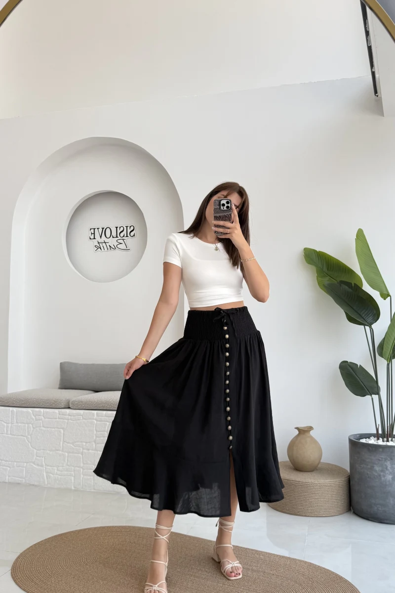 Volanlı Bürümcük Düğmeli Etek Siyah