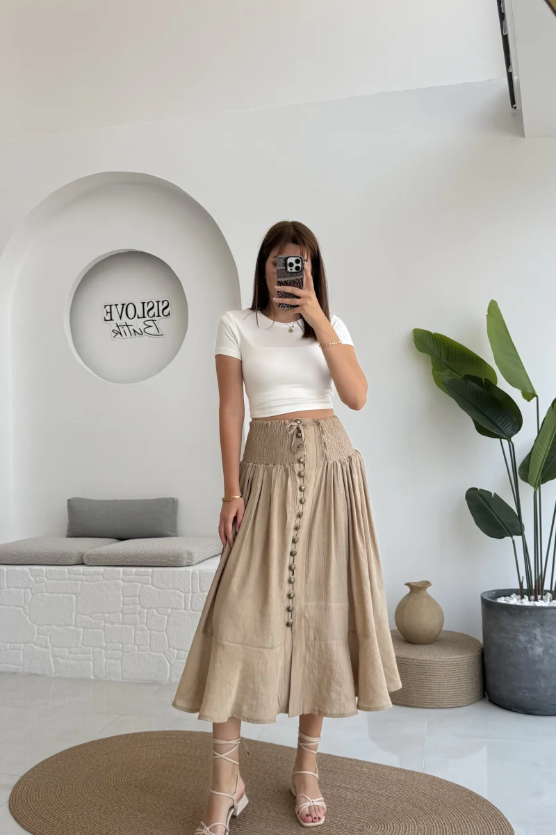 Volanlı Bürümcük Düğmeli Etek Vizon