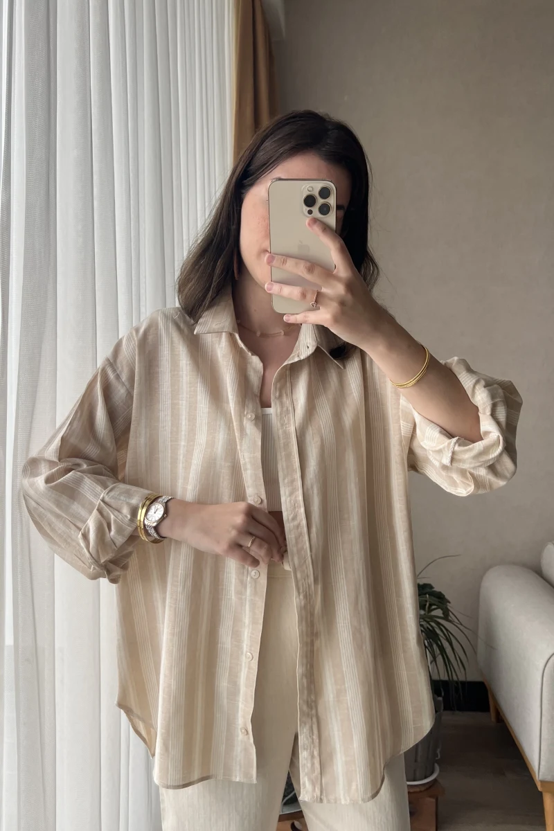 Wase Çizgili Keten Bej Gömlek