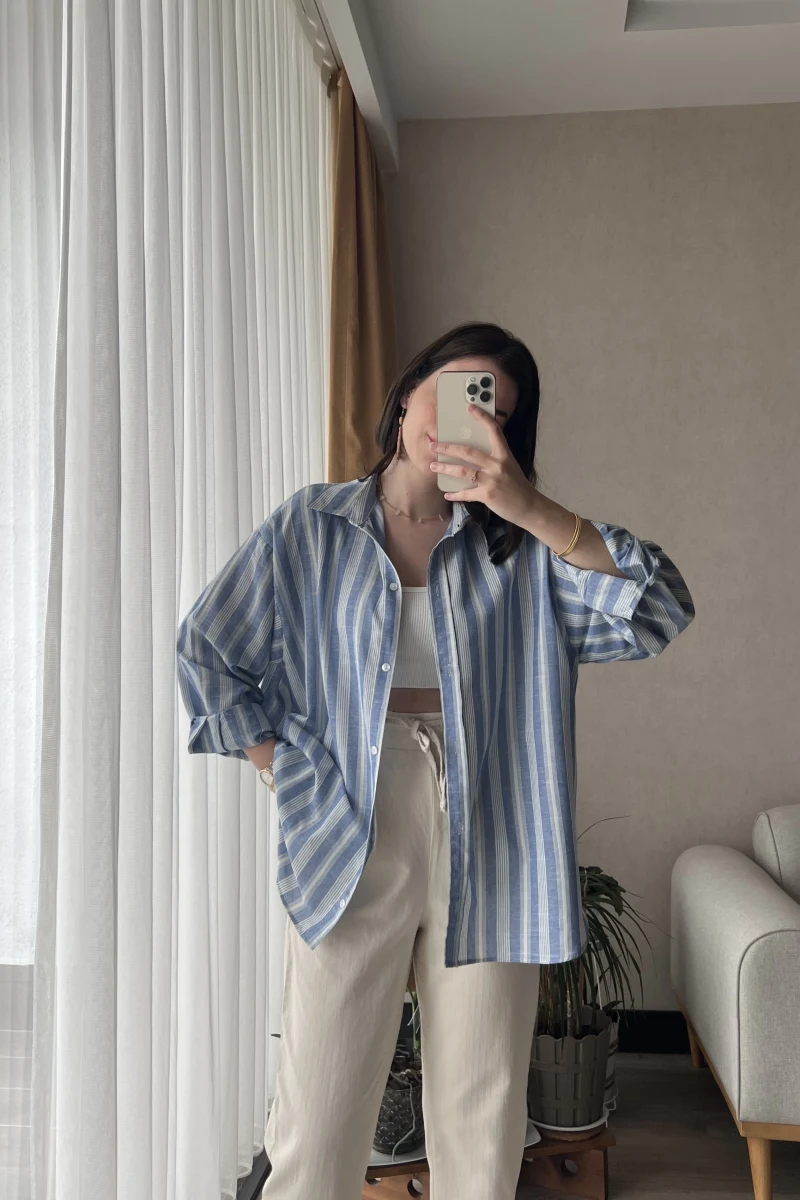 Wase Çizgili Keten Mavi Gömlek