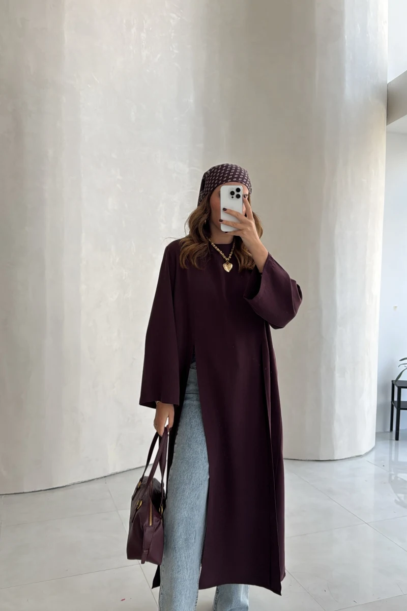 Willy Uzun Yırtmaçlı Tunik Bluz - Mürdüm - Kod: 5570
