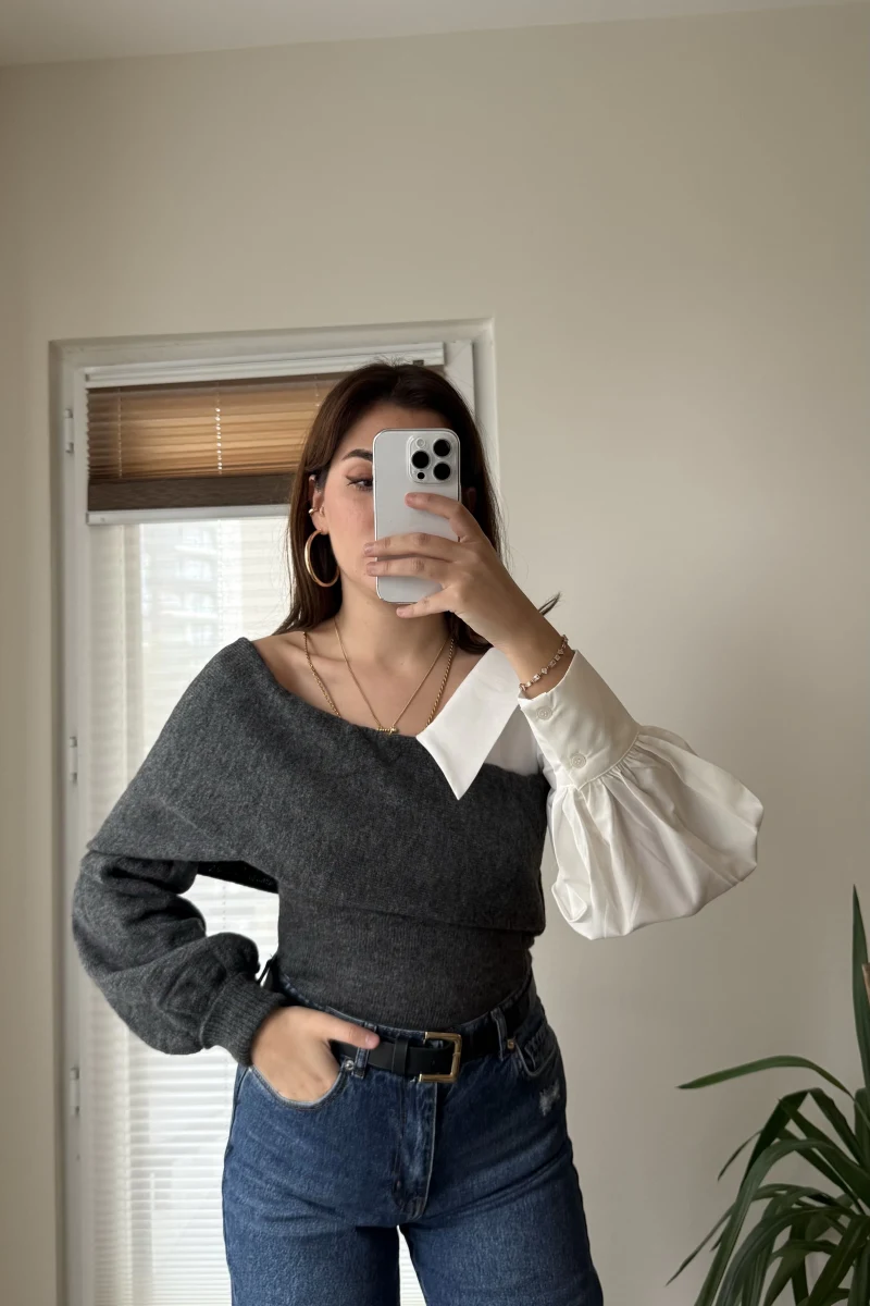 Yaka Detay Gömlek Triko Antrasit