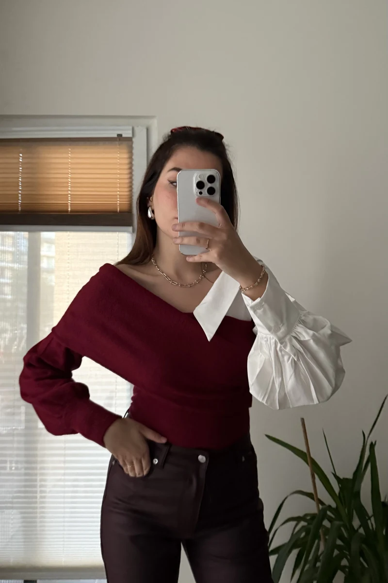 Yaka Detay Gömlek Triko Bordo